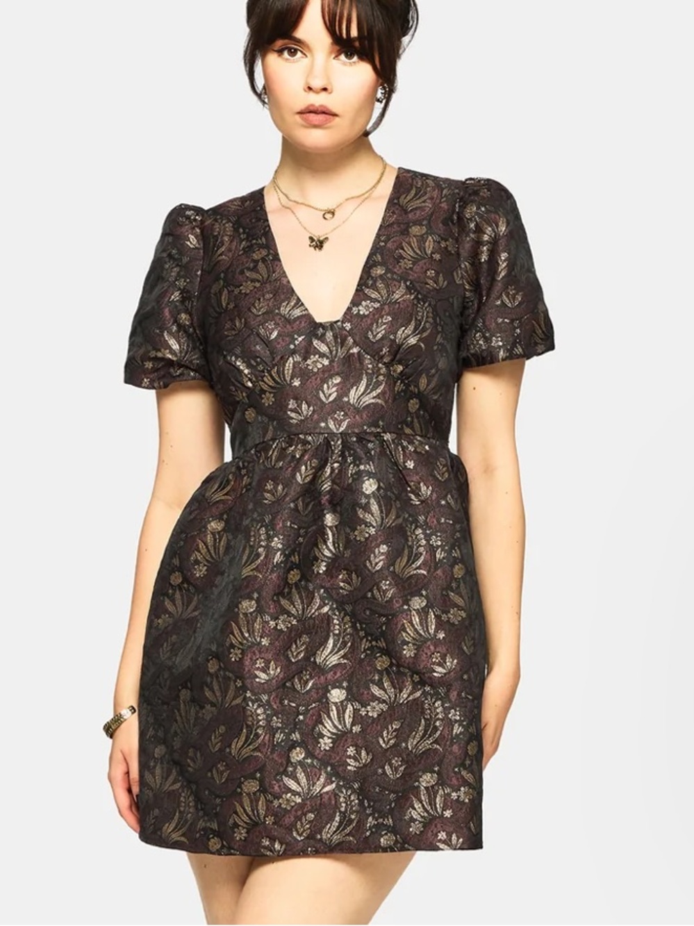 Disturbia NWT Rena Snake Jacquard Puff Sleeve Mini Dress Brown Gold Metallic Sz8 - Picture 12 of 17